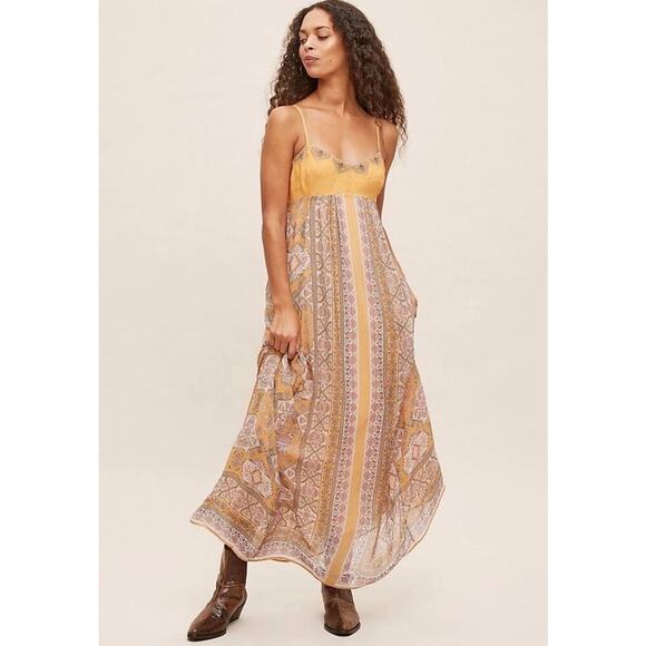 Anthropologie Calida Maxi Dress Size 4P Dark Yellow Print Festival Boho Vacation - Picture 5 of 14